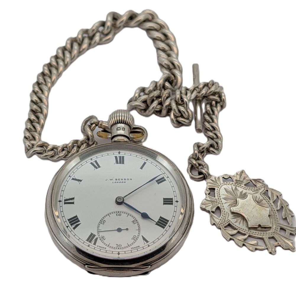 J.W.Benson Sterling Silver Half Hunter Pocket Watch with Chain from 1918