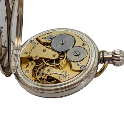 J.W.Benson Sterling Silver Half Hunter Pocket Watch with Chain from 1918
